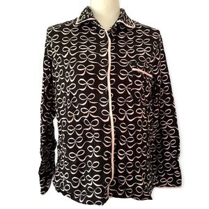 Kate Spade Pajama Top Long Sleeve Bow Print Black & Pink Sleep Shirt Size Large